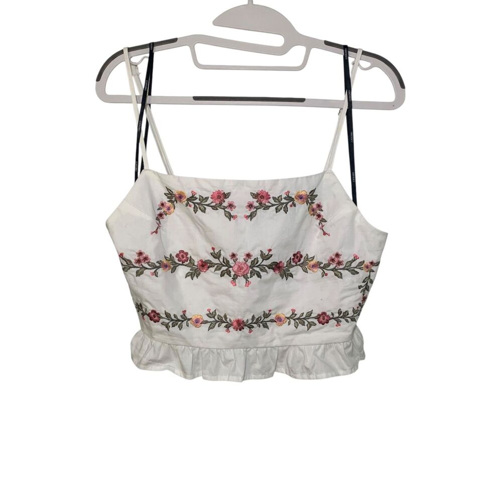 Womens Floral Embroidered Boho Festival Peplum Cropped Top L Vacation Beach Boho